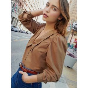 Nation Ltd. Bridget Pilgrim Blouse in Cocoa Tan V-Neck Puff Sleeves